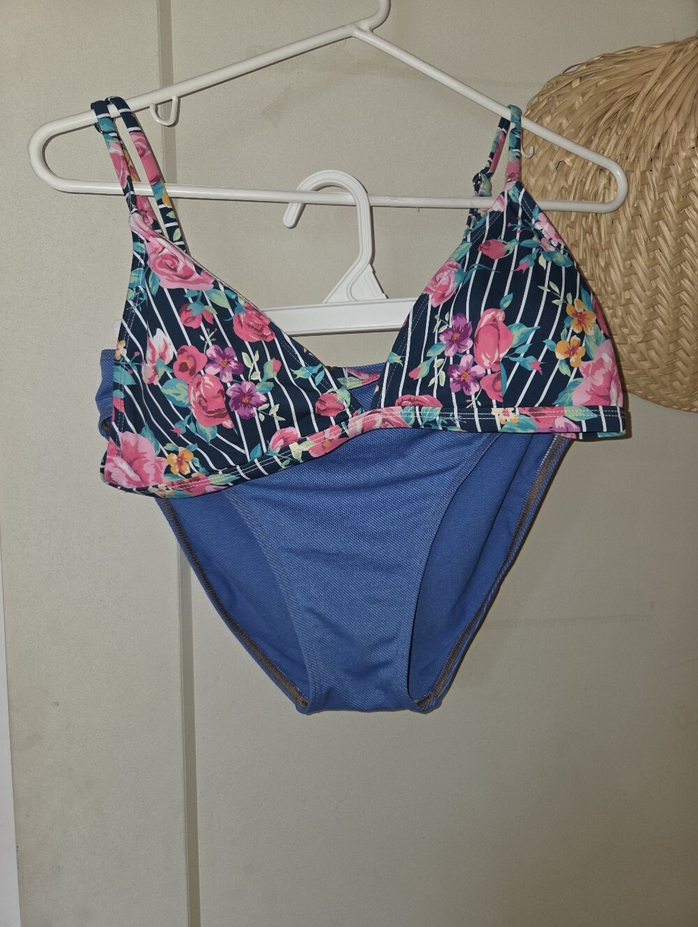Floral Stripe Two-Piece Swimsuit - Blue/Pink